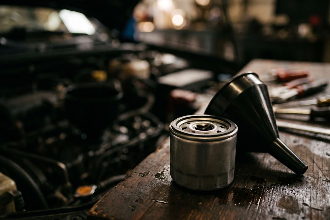 A fresh oil filter and funnel on a workbench beside an open engine bay