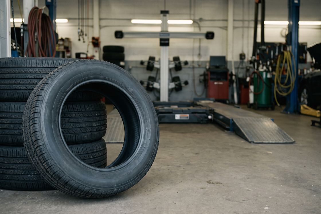 New all season tires stacked beside a wheel alignment rack in a lit garage